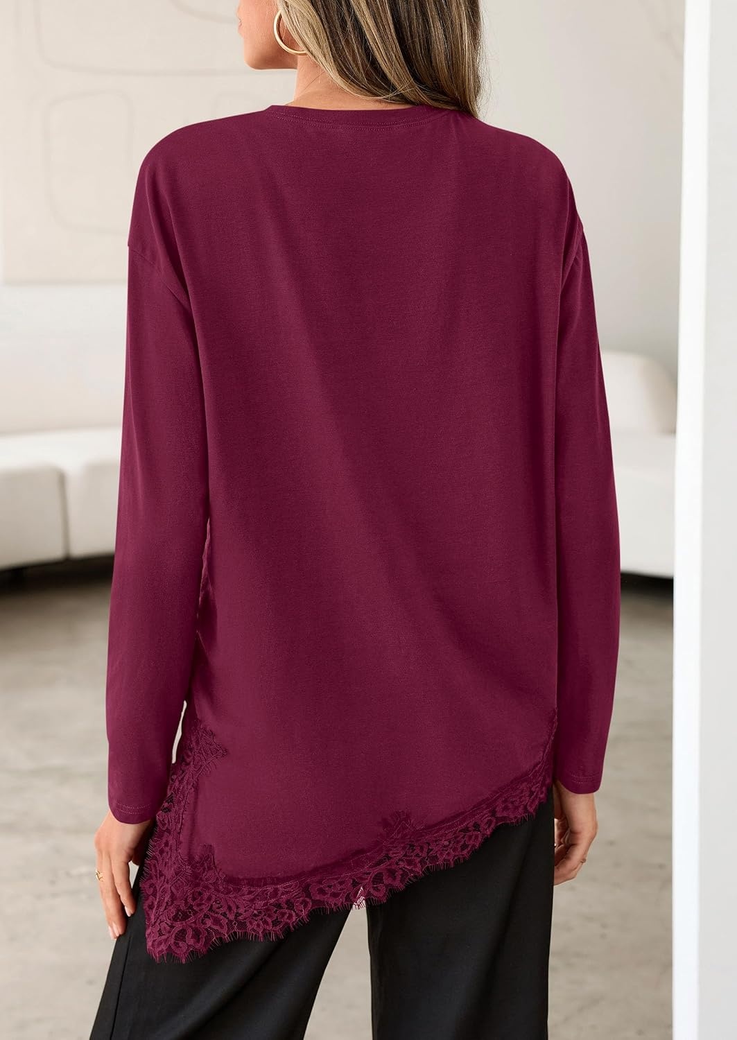 image:imagePRETTYGARDEN Womens Long Sleeve Asymmetrical Lace Tops FallBurgundy