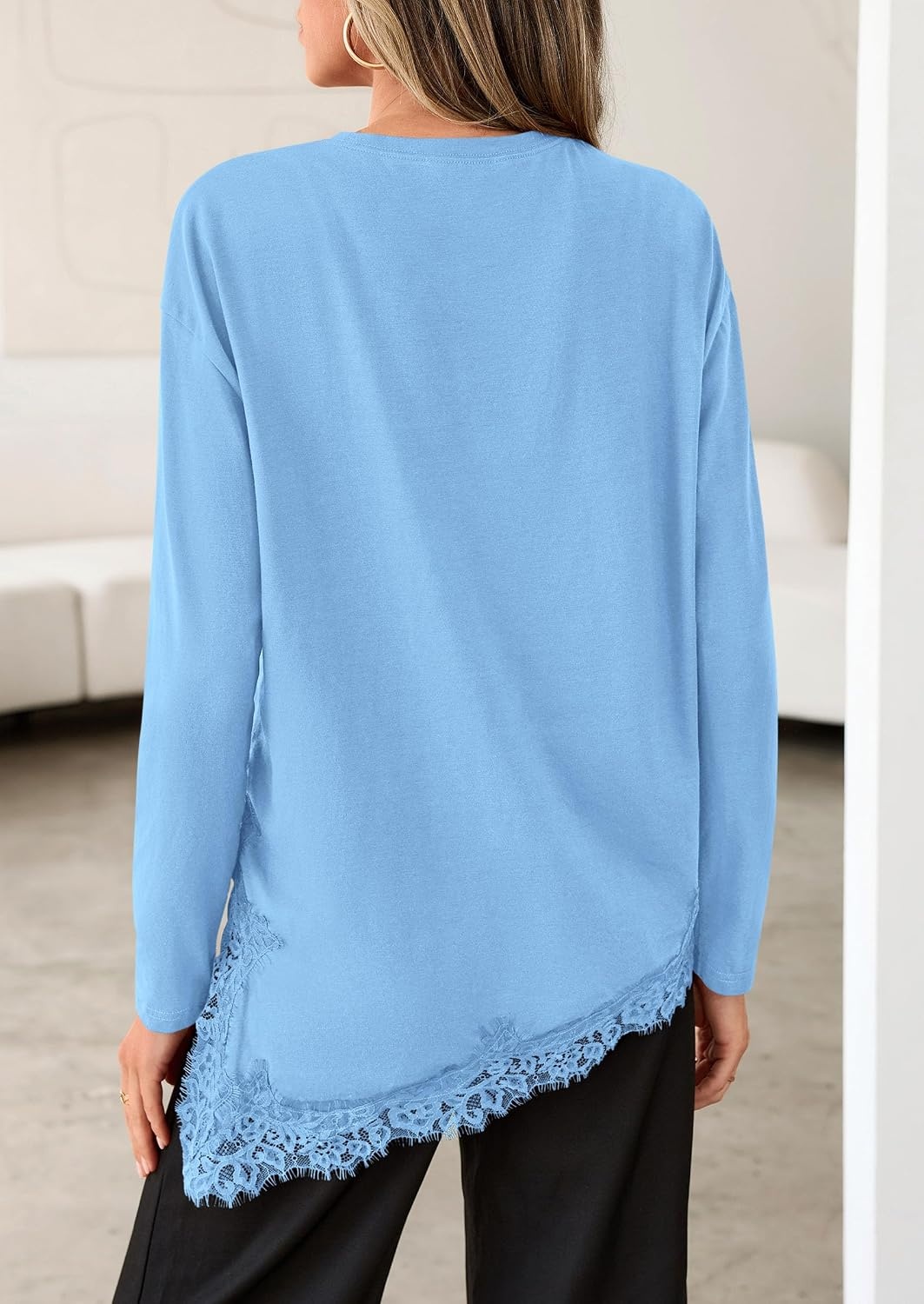 image:imagePRETTYGARDEN Womens Long Sleeve Asymmetrical Lace Tops FallLight Blue