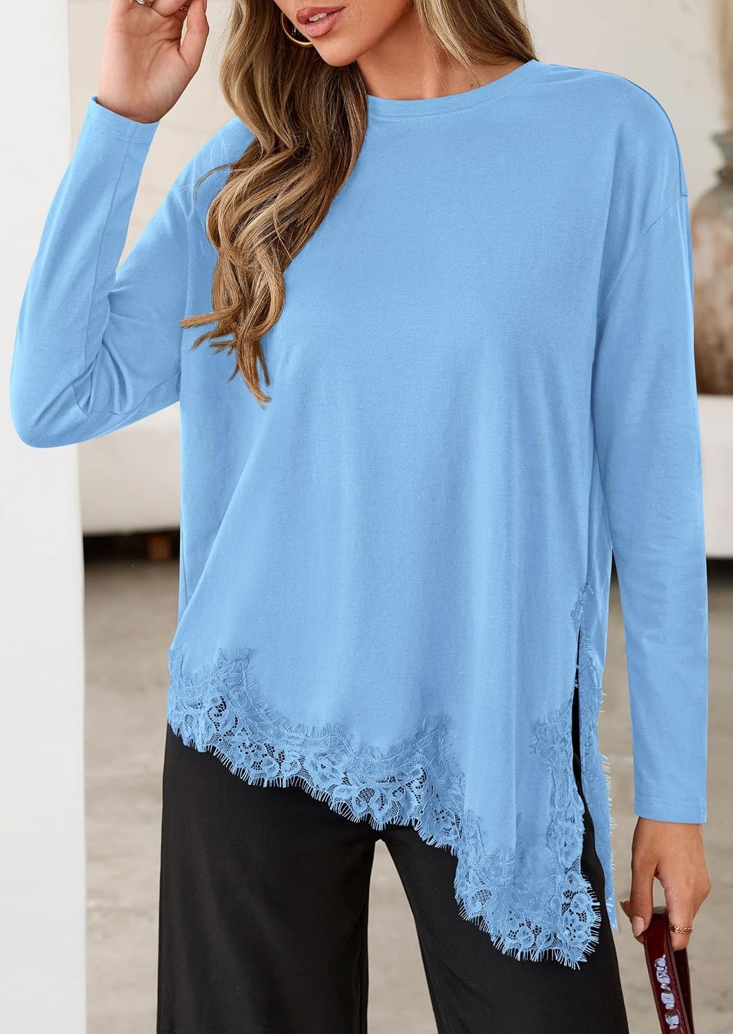 image:imagePRETTYGARDEN Womens Long Sleeve Asymmetrical Lace Tops FallLight Blue