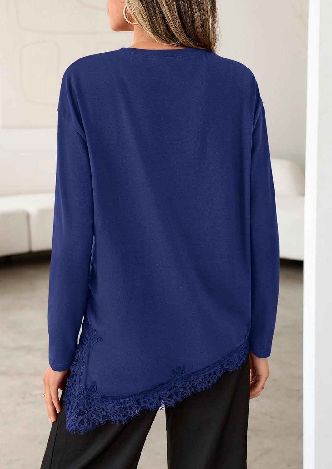 image:imagePRETTYGARDEN Womens Long Sleeve Asymmetrical Lace Tops FallNavy Blue