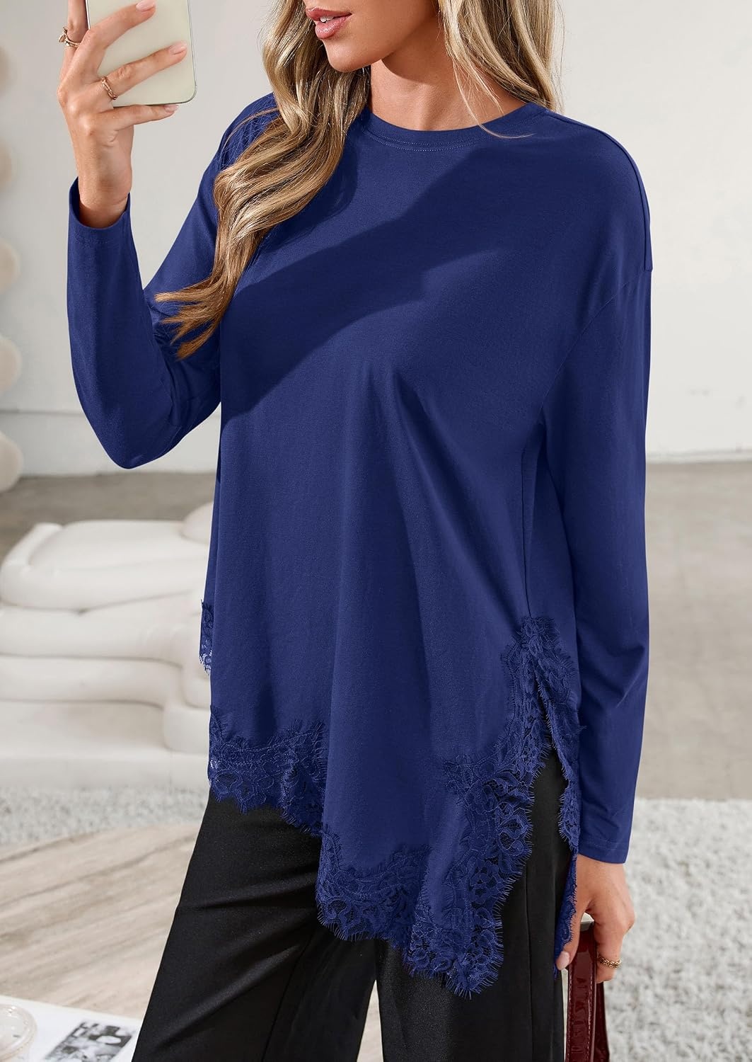 image:imagePRETTYGARDEN Womens Long Sleeve Asymmetrical Lace Tops FallNavy Blue