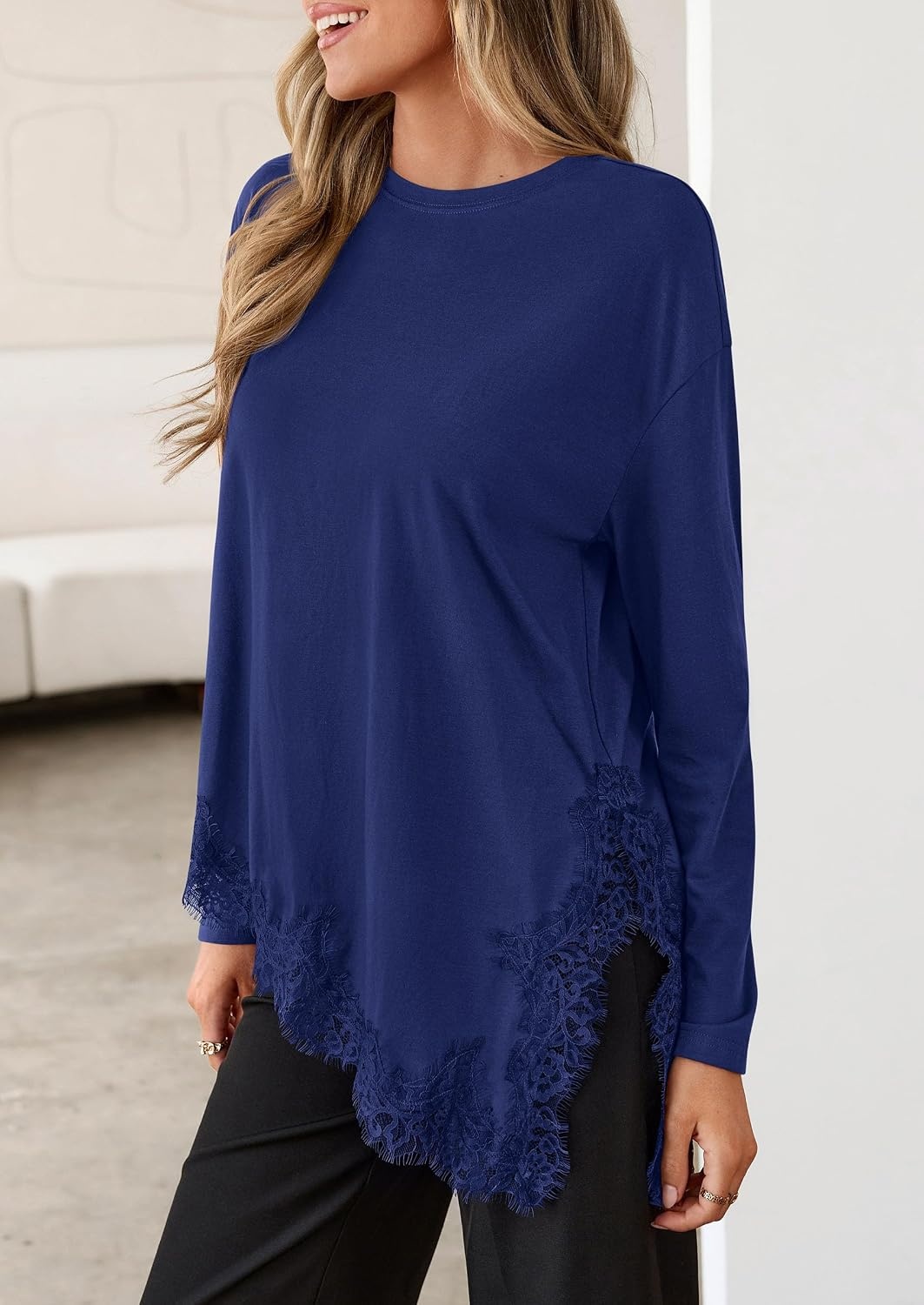 image:imagePRETTYGARDEN Womens Long Sleeve Asymmetrical Lace Tops FallNavy Blue