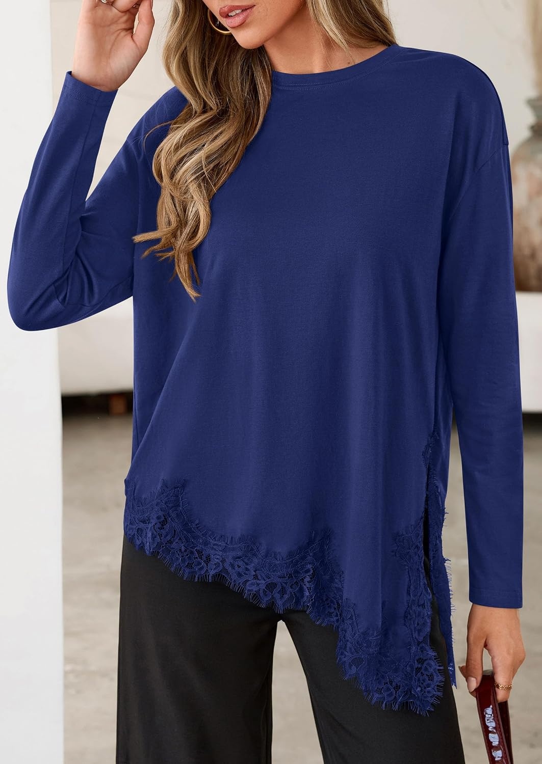 image:imagePRETTYGARDEN Womens Long Sleeve Asymmetrical Lace Tops FallNavy Blue