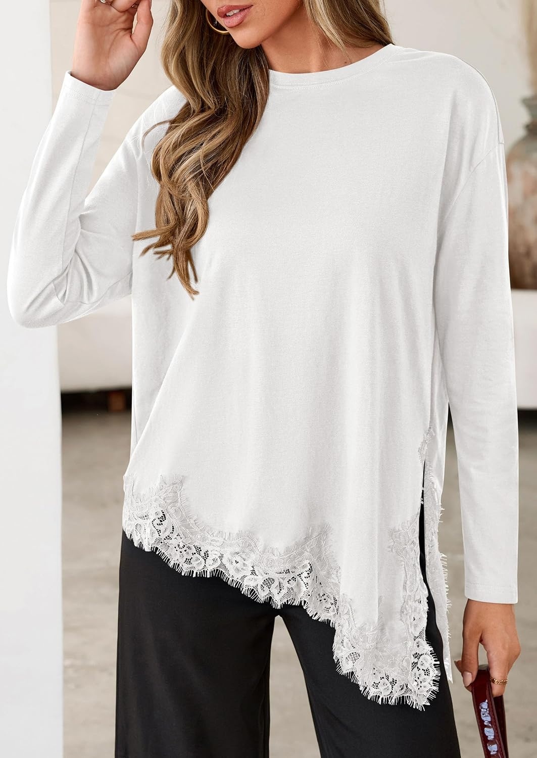 image:imagePRETTYGARDEN Womens Long Sleeve Asymmetrical Lace Tops FallWhite