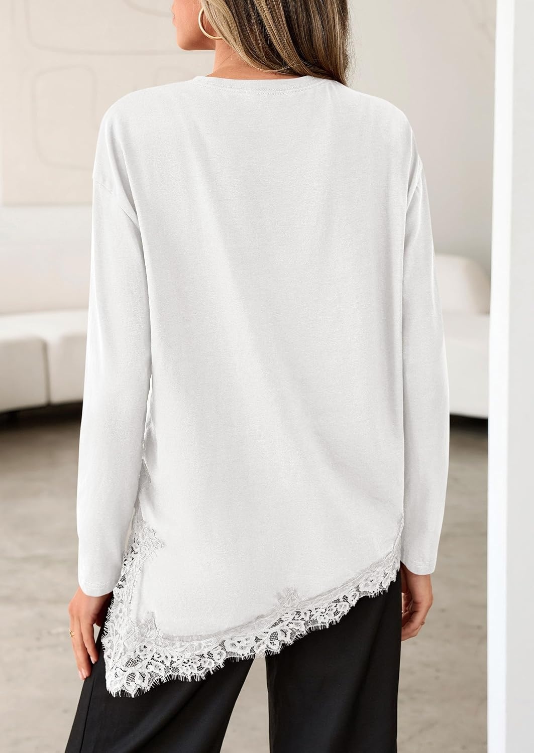 image:imagePRETTYGARDEN Womens Long Sleeve Asymmetrical Lace Tops FallWhite