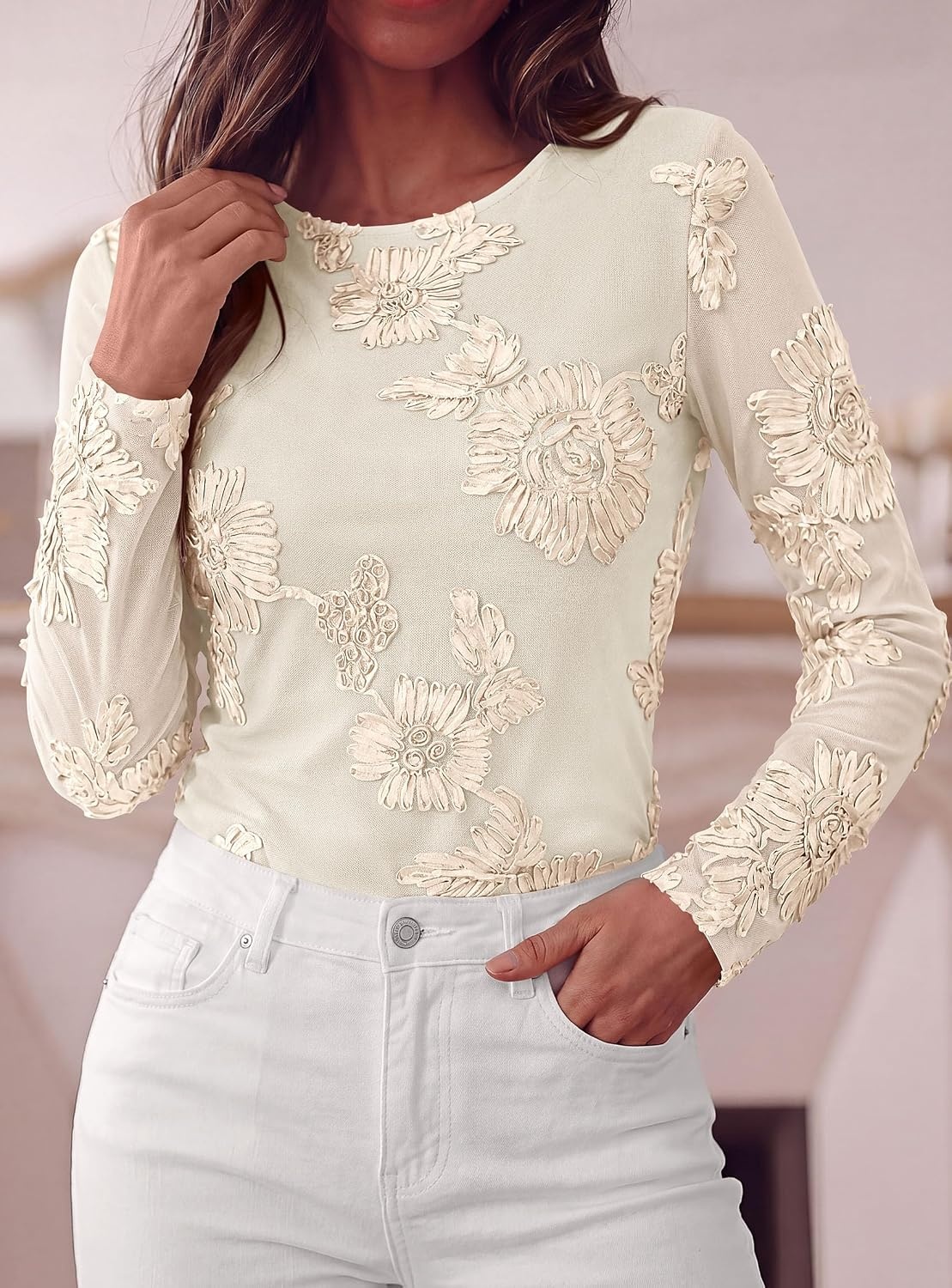 image:imagePRETTYGARDEN Womens Mesh Long Sleeve Embroidered Floral TopsApricot