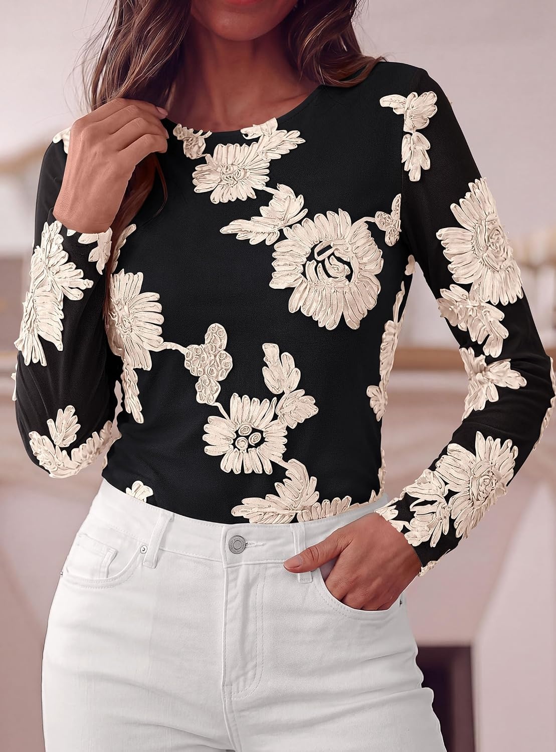 image:imagePRETTYGARDEN Womens Mesh Long Sleeve Embroidered Floral TopsBlack Apricot Floral