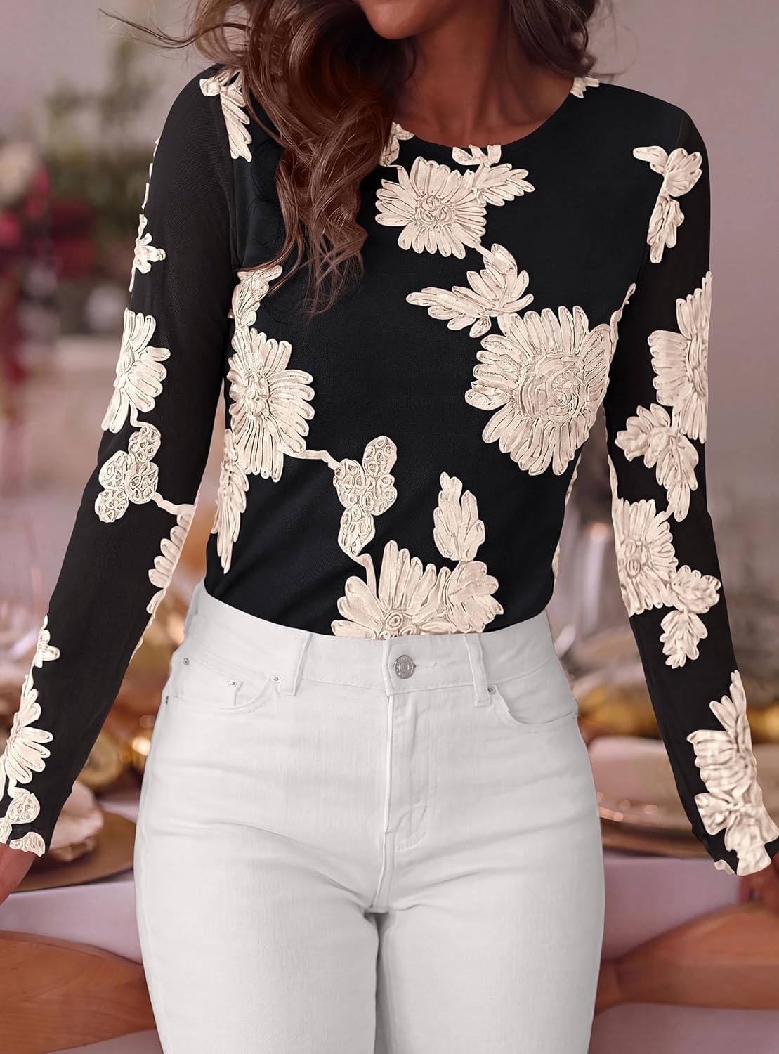 image:imagePRETTYGARDEN Womens Mesh Long Sleeve Embroidered Floral TopsBlack Apricot Floral