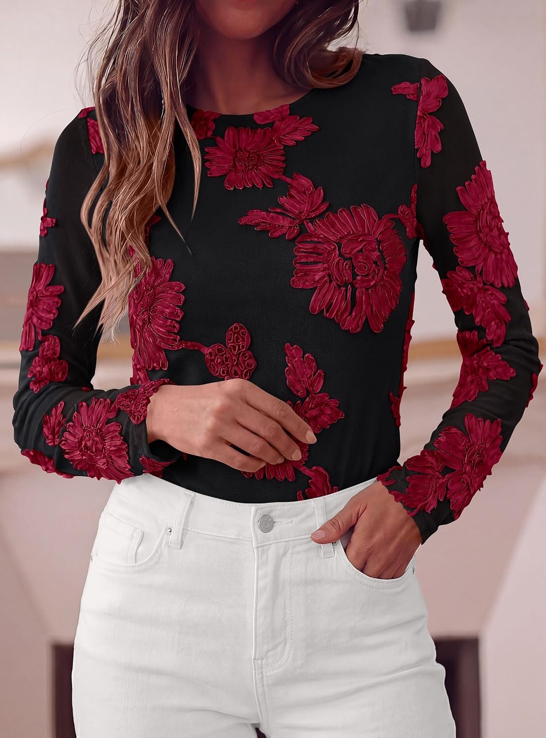 image:imagePRETTYGARDEN Womens Mesh Long Sleeve Embroidered Floral TopsBlack Red Floral