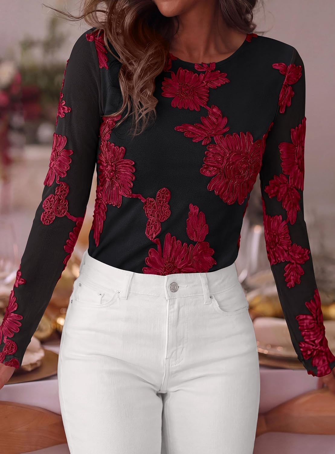 image:imagePRETTYGARDEN Womens Mesh Long Sleeve Embroidered Floral TopsBlack Red Floral