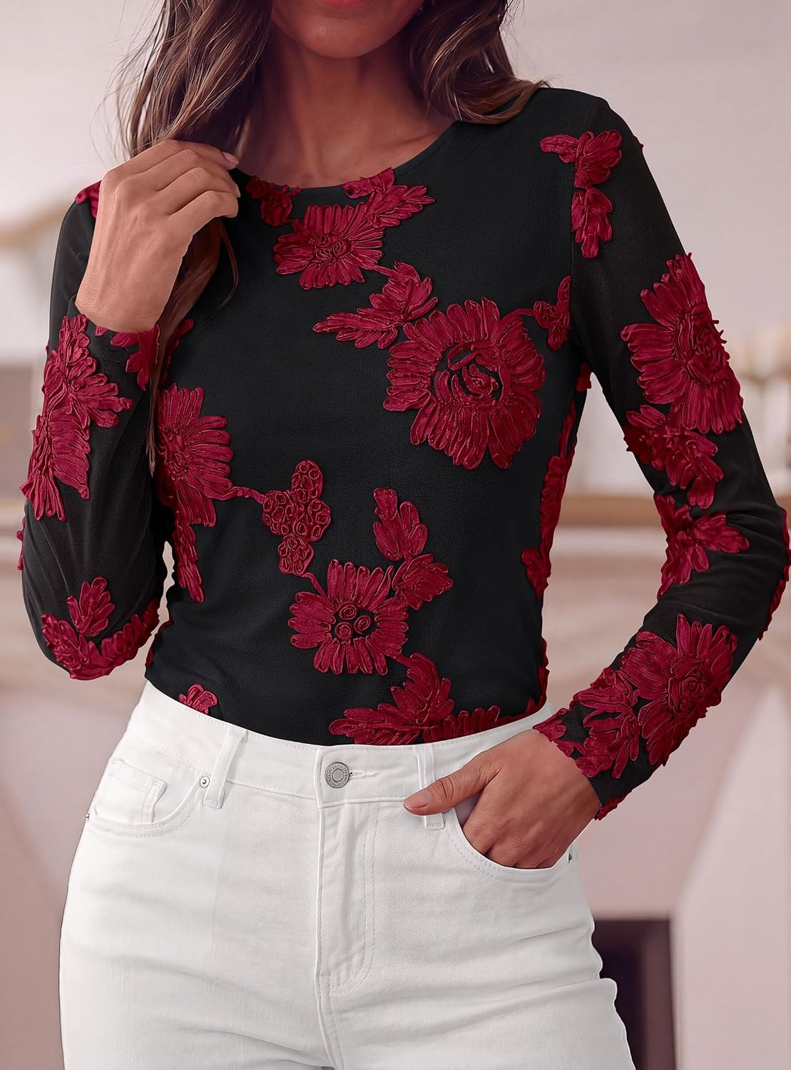 image:imagePRETTYGARDEN Womens Mesh Long Sleeve Embroidered Floral TopsBlack Red Floral