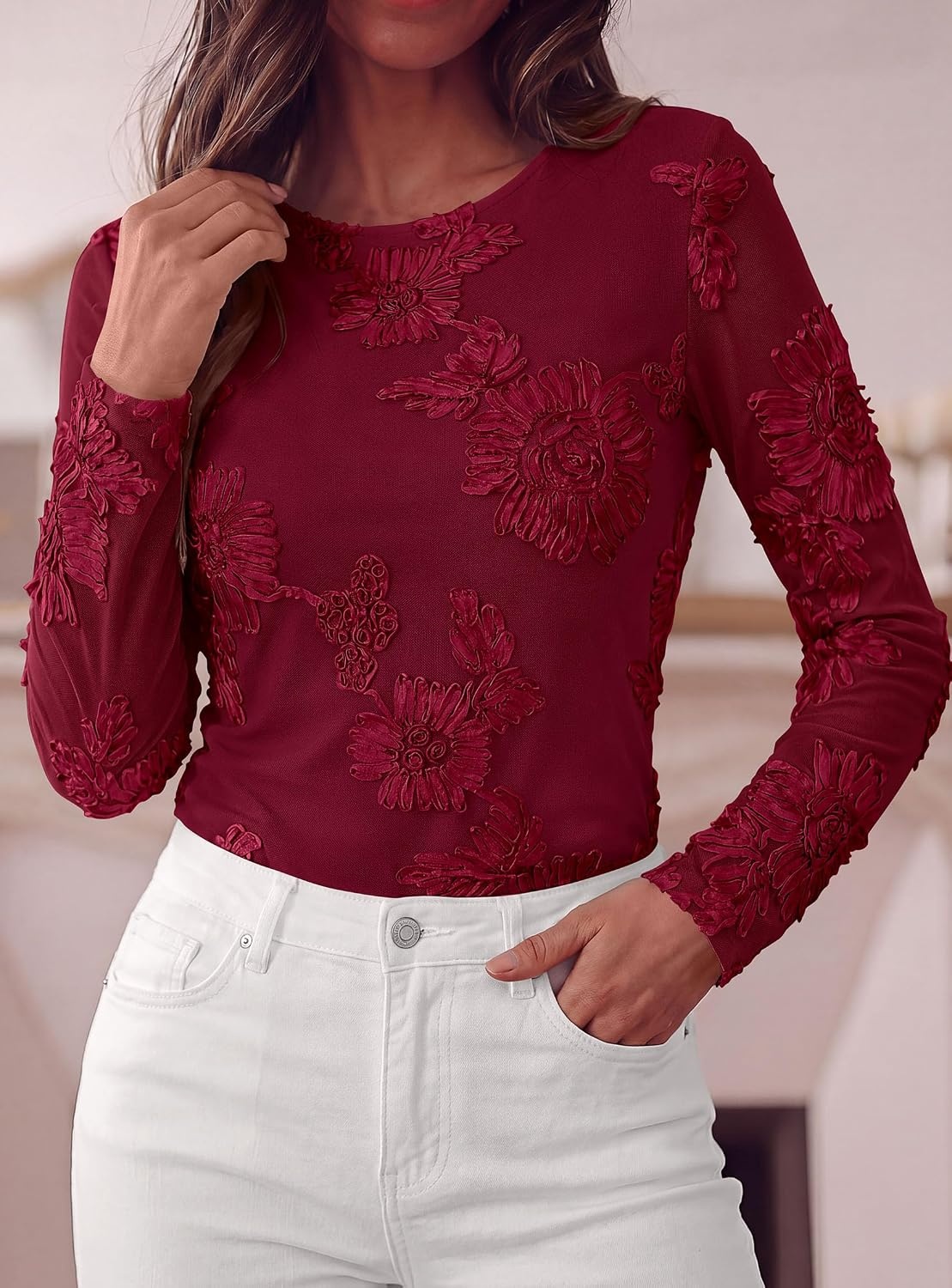 image:imagePRETTYGARDEN Womens Mesh Long Sleeve Embroidered Floral TopsBurgundy