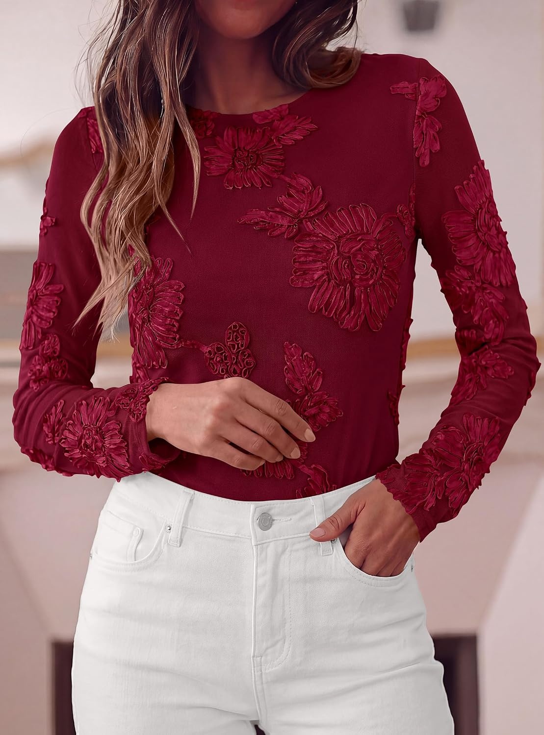 image:imagePRETTYGARDEN Womens Mesh Long Sleeve Embroidered Floral TopsBurgundy