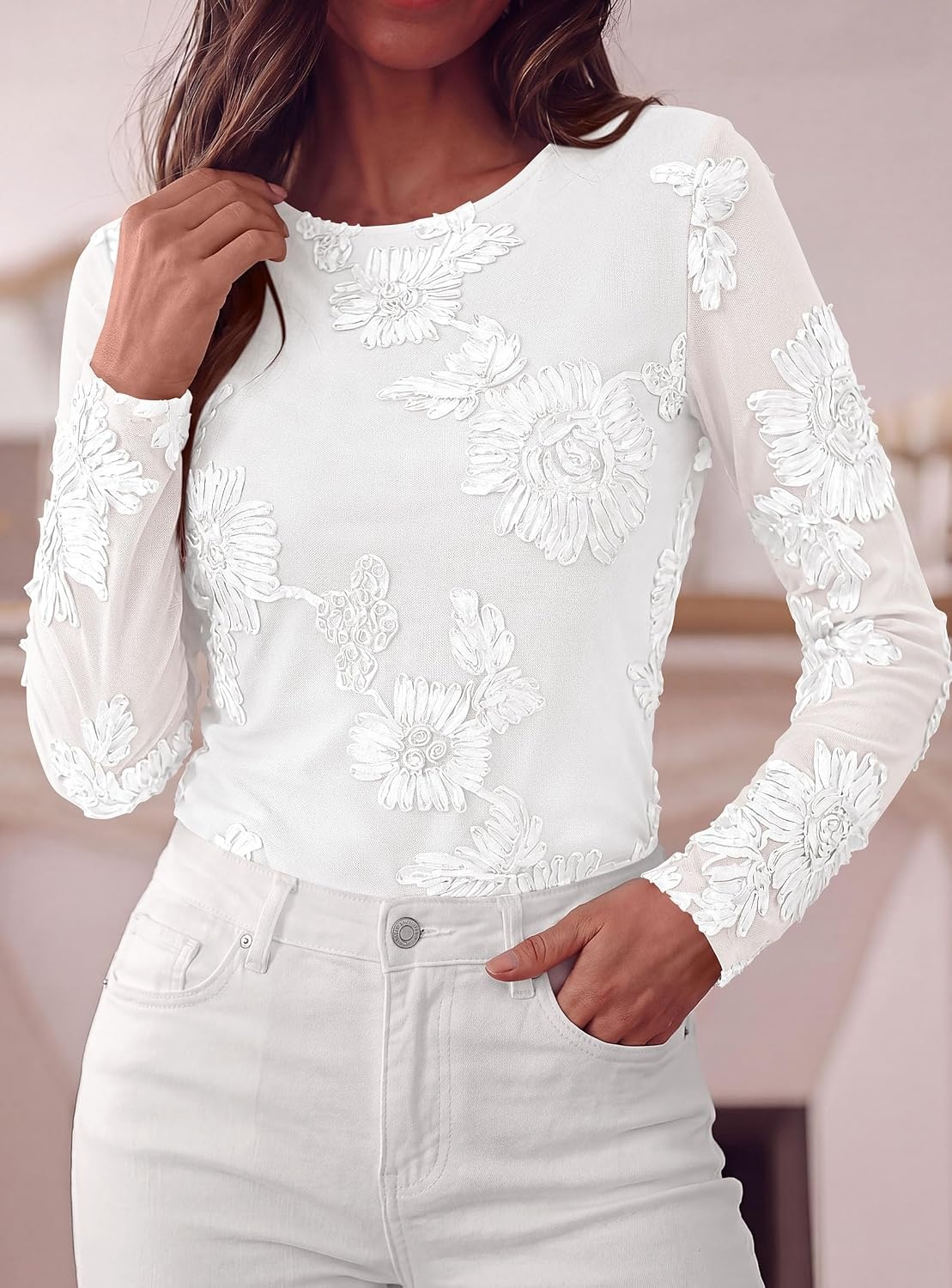 image:imagePRETTYGARDEN Womens Mesh Long Sleeve Embroidered Floral TopsWhite