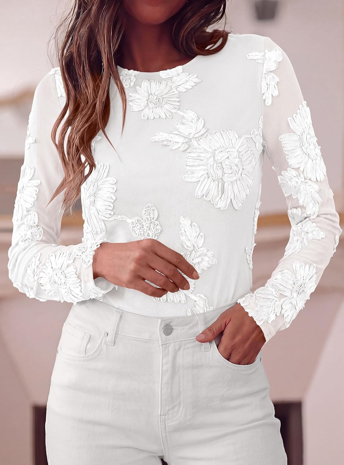 image:imagePRETTYGARDEN Womens Mesh Long Sleeve Embroidered Floral TopsWhite