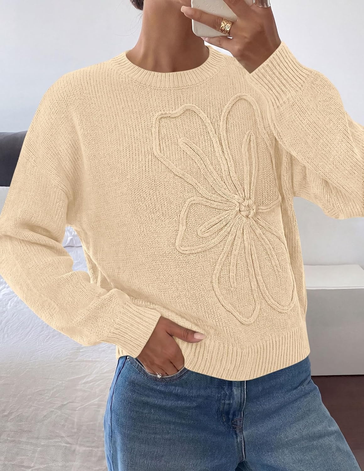 image:imagePRETTYGARDEN Womens Oversized 3D Floral Knit SweaterApricot
