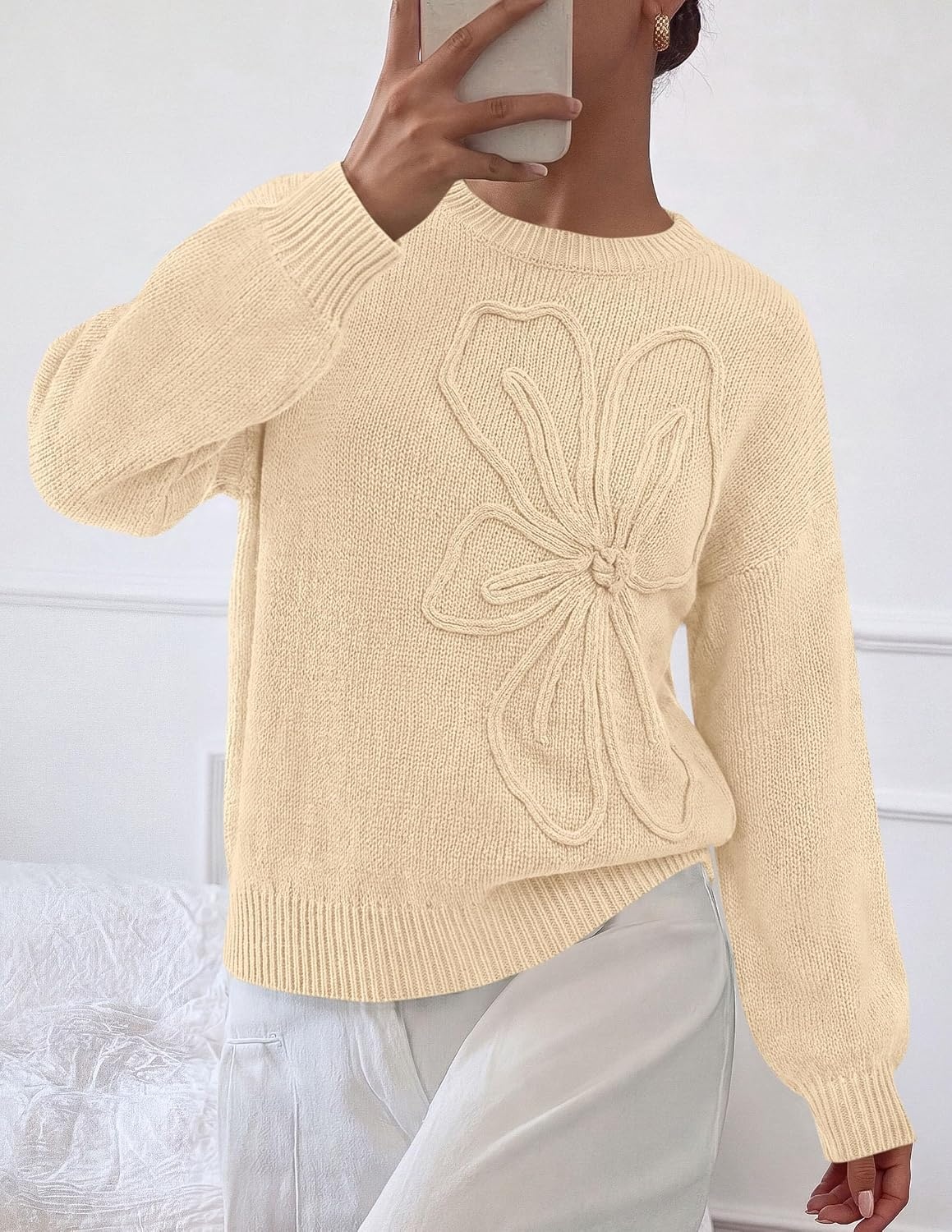image:imagePRETTYGARDEN Womens Oversized 3D Floral Knit SweaterApricot