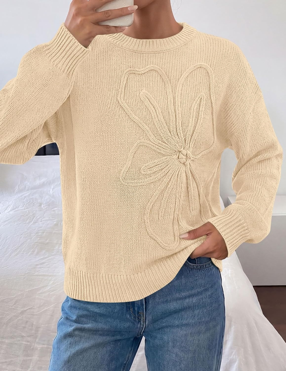 image:imagePRETTYGARDEN Womens Oversized 3D Floral Knit SweaterApricot