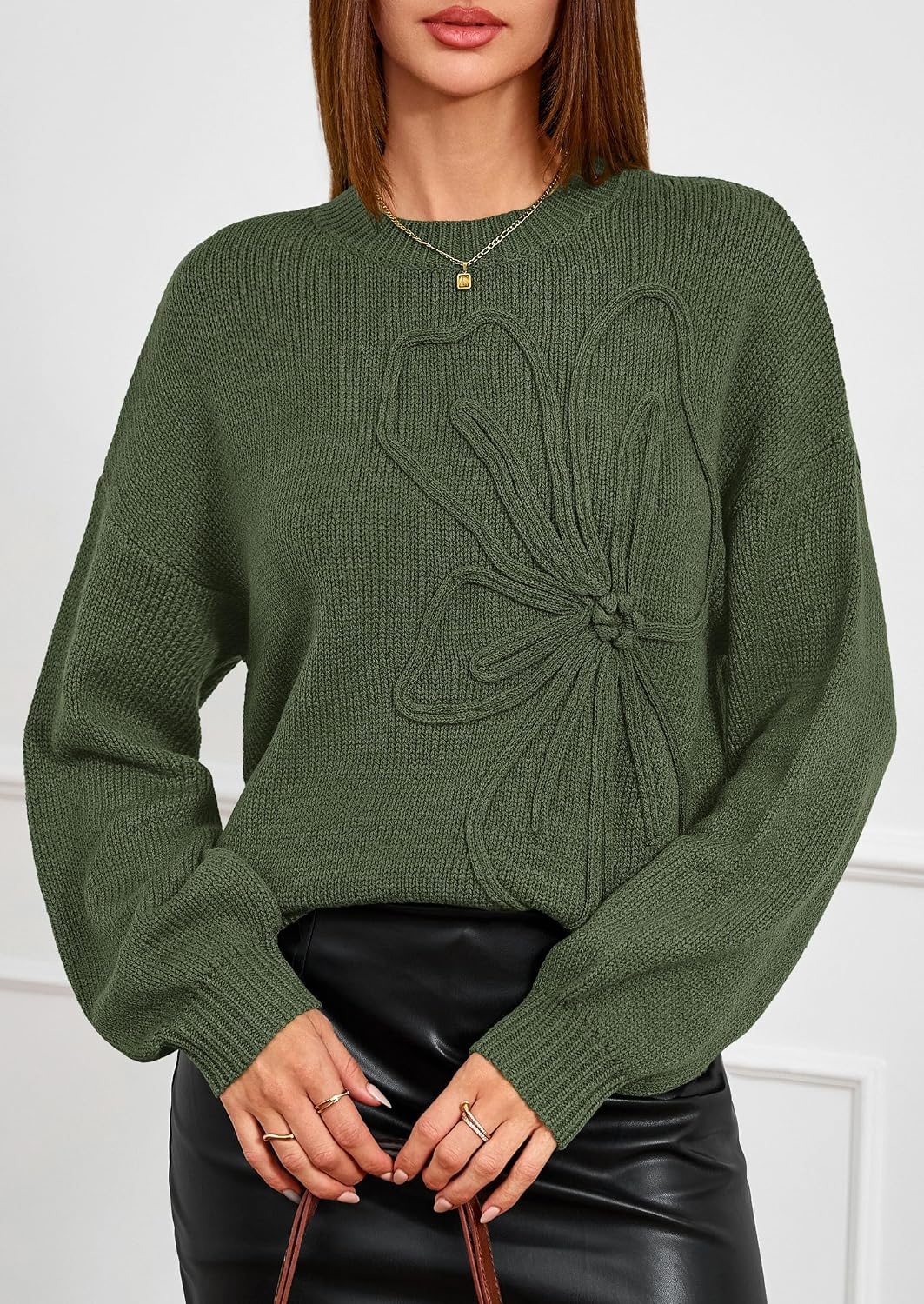 image:imagePRETTYGARDEN Womens Oversized 3D Floral Knit SweaterArmy Green