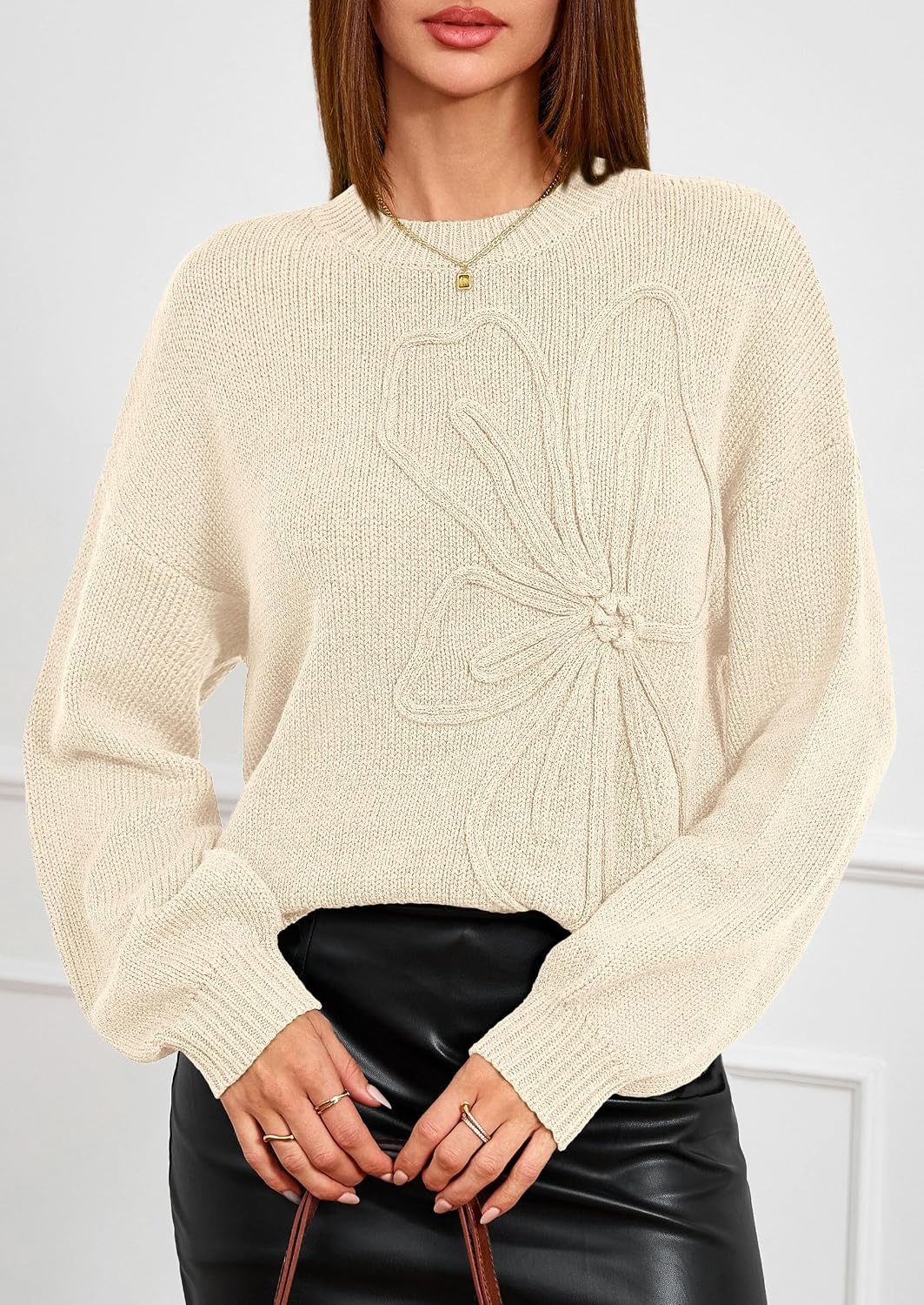 image:imagePRETTYGARDEN Womens Oversized 3D Floral Knit SweaterBeige