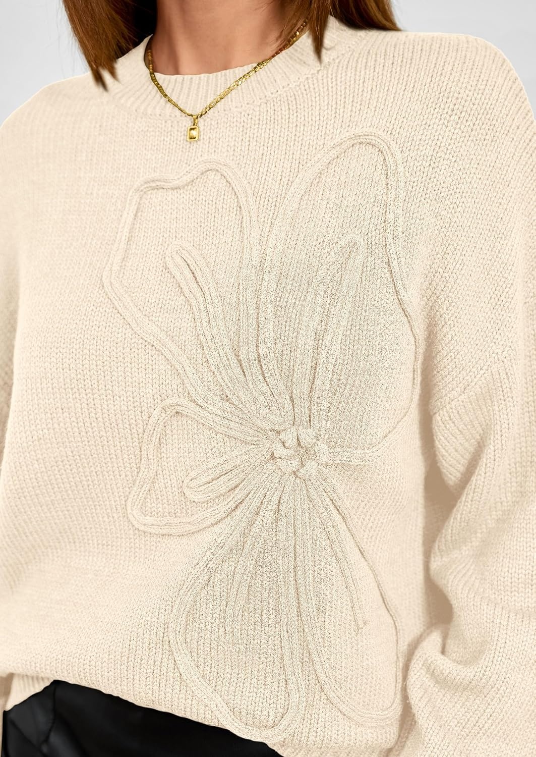 image:imagePRETTYGARDEN Womens Oversized 3D Floral Knit SweaterBeige