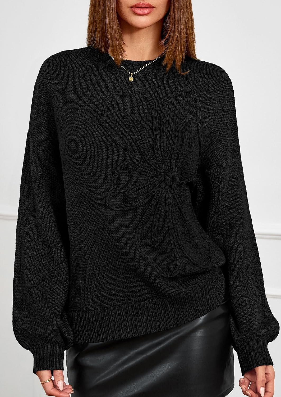 image:imagePRETTYGARDEN Womens Oversized 3D Floral Knit SweaterBlack