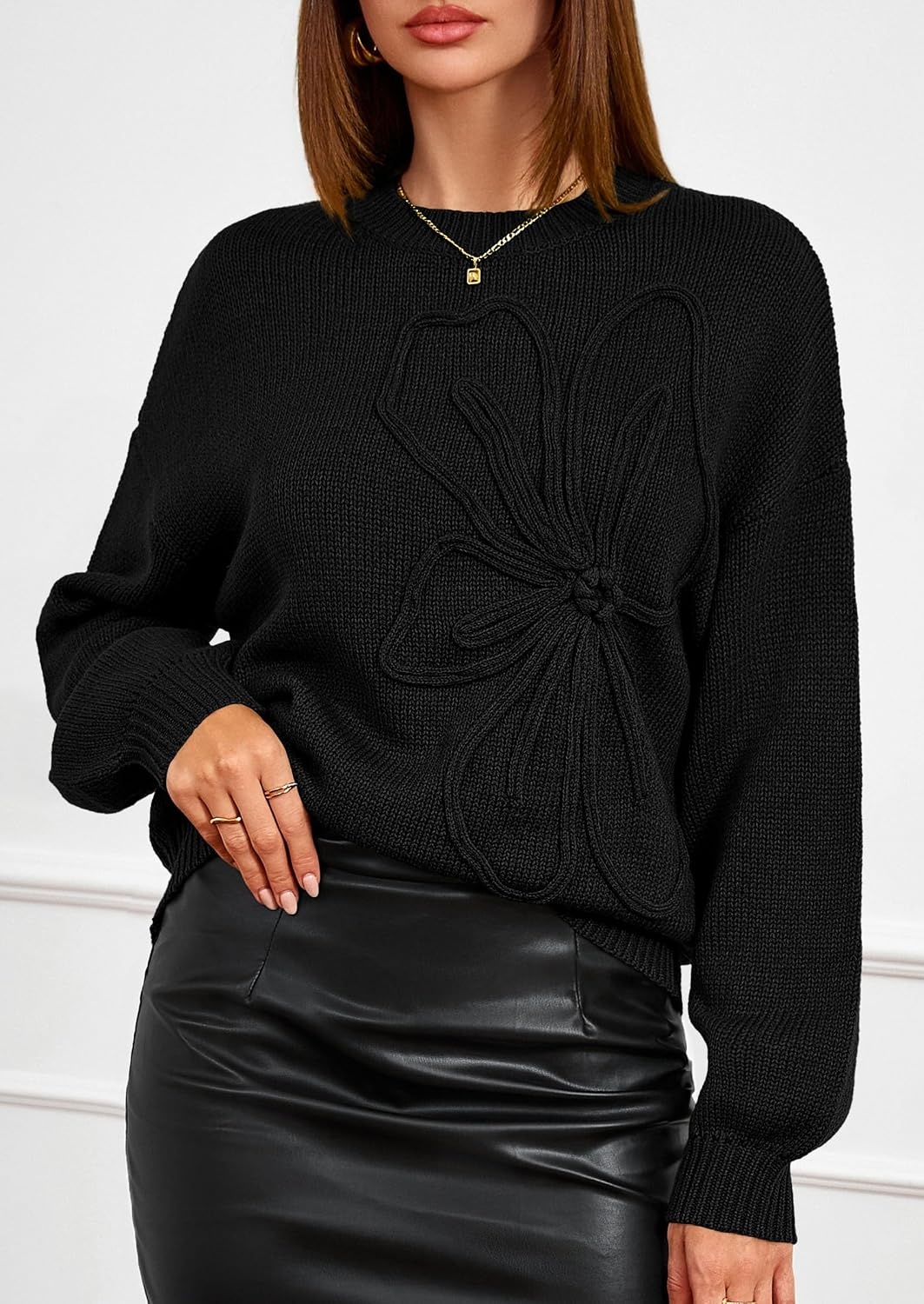 image:imagePRETTYGARDEN Womens Oversized 3D Floral Knit SweaterBlack