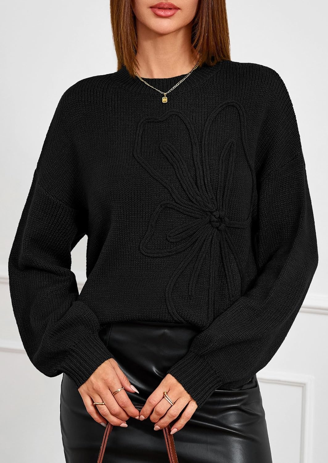 image:imagePRETTYGARDEN Womens Oversized 3D Floral Knit SweaterBlack