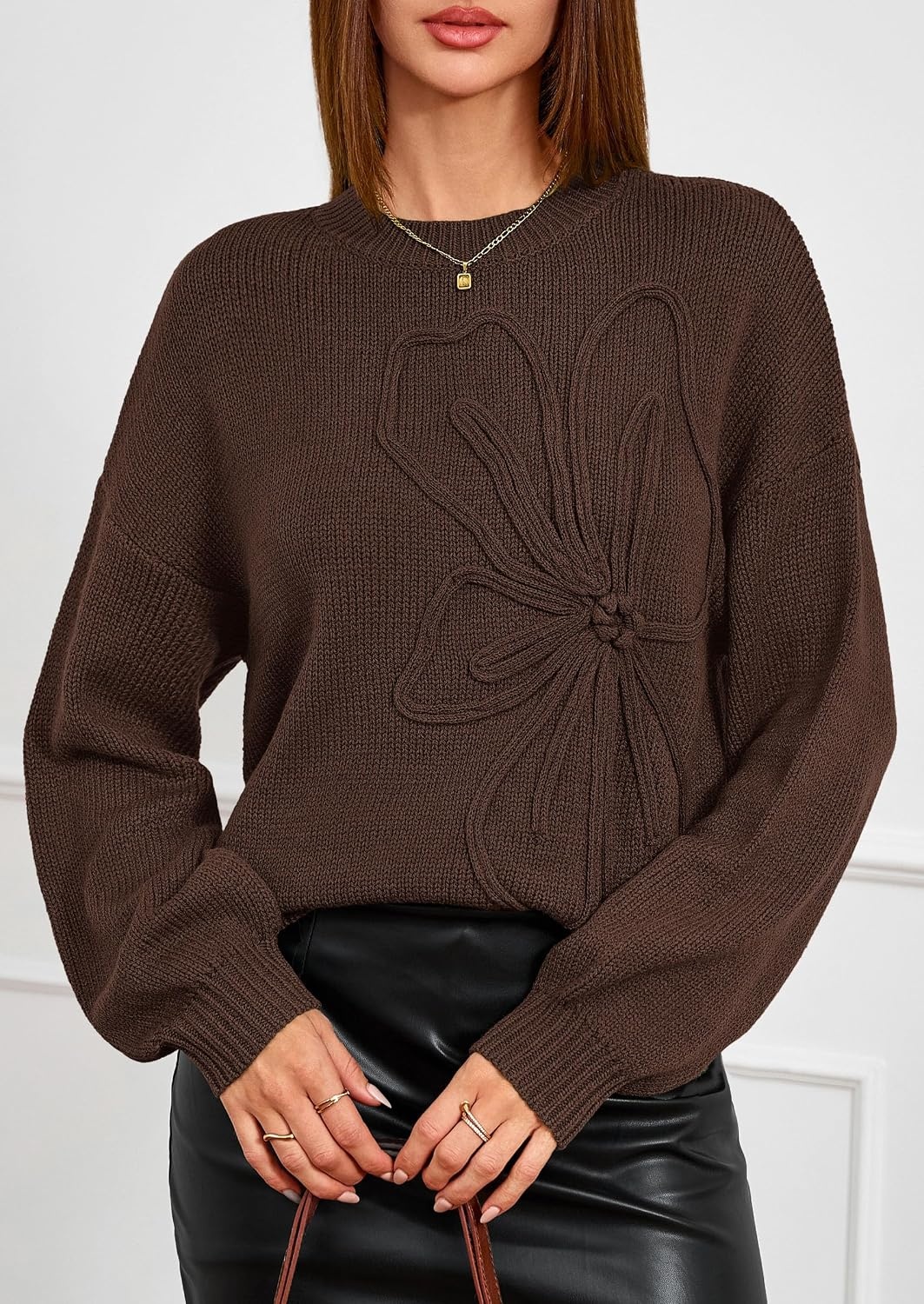 image:imagePRETTYGARDEN Womens Oversized 3D Floral Knit SweaterBrown