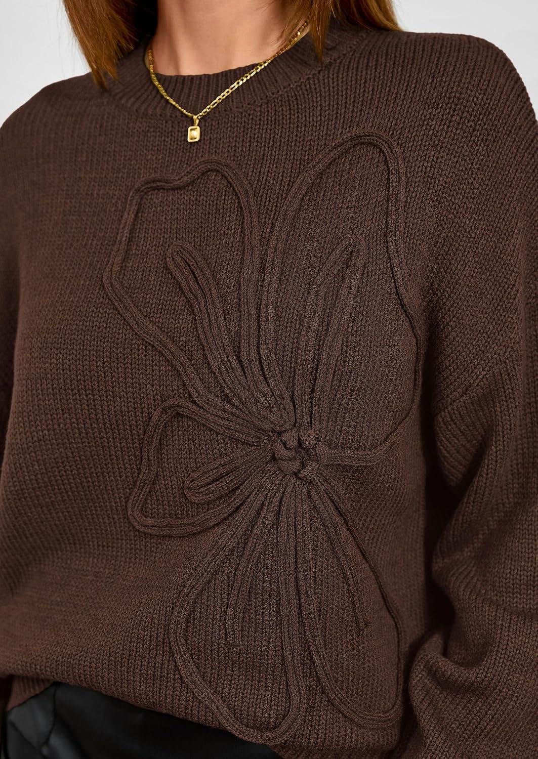 image:imagePRETTYGARDEN Womens Oversized 3D Floral Knit SweaterBrown