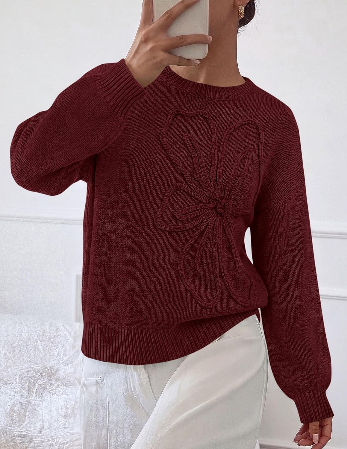 image:imagePRETTYGARDEN Womens Oversized 3D Floral Knit SweaterDark Brown