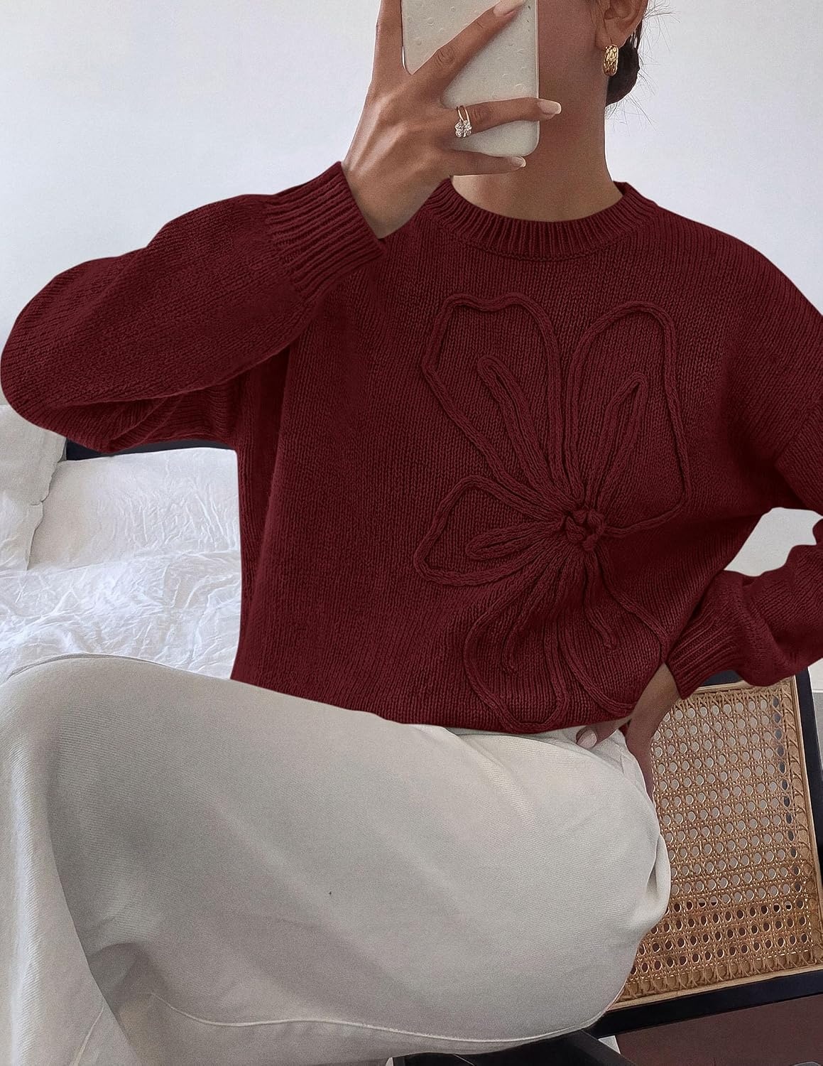 image:imagePRETTYGARDEN Womens Oversized 3D Floral Knit SweaterDark Brown