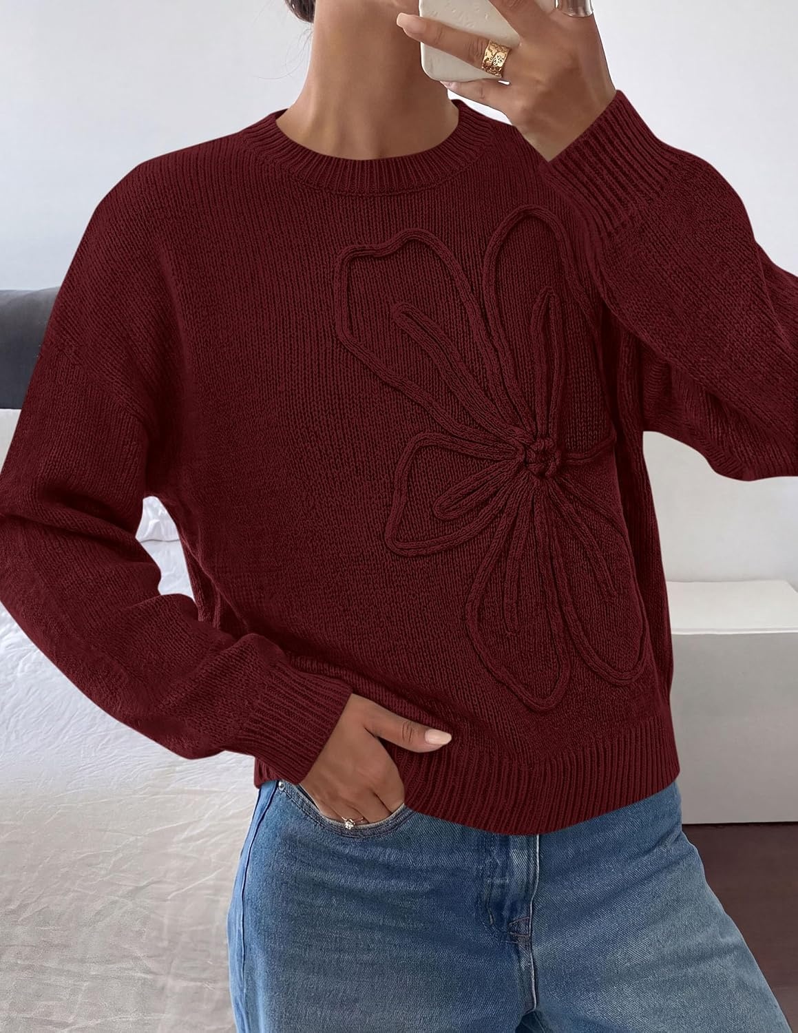 image:imagePRETTYGARDEN Womens Oversized 3D Floral Knit SweaterDark Brown