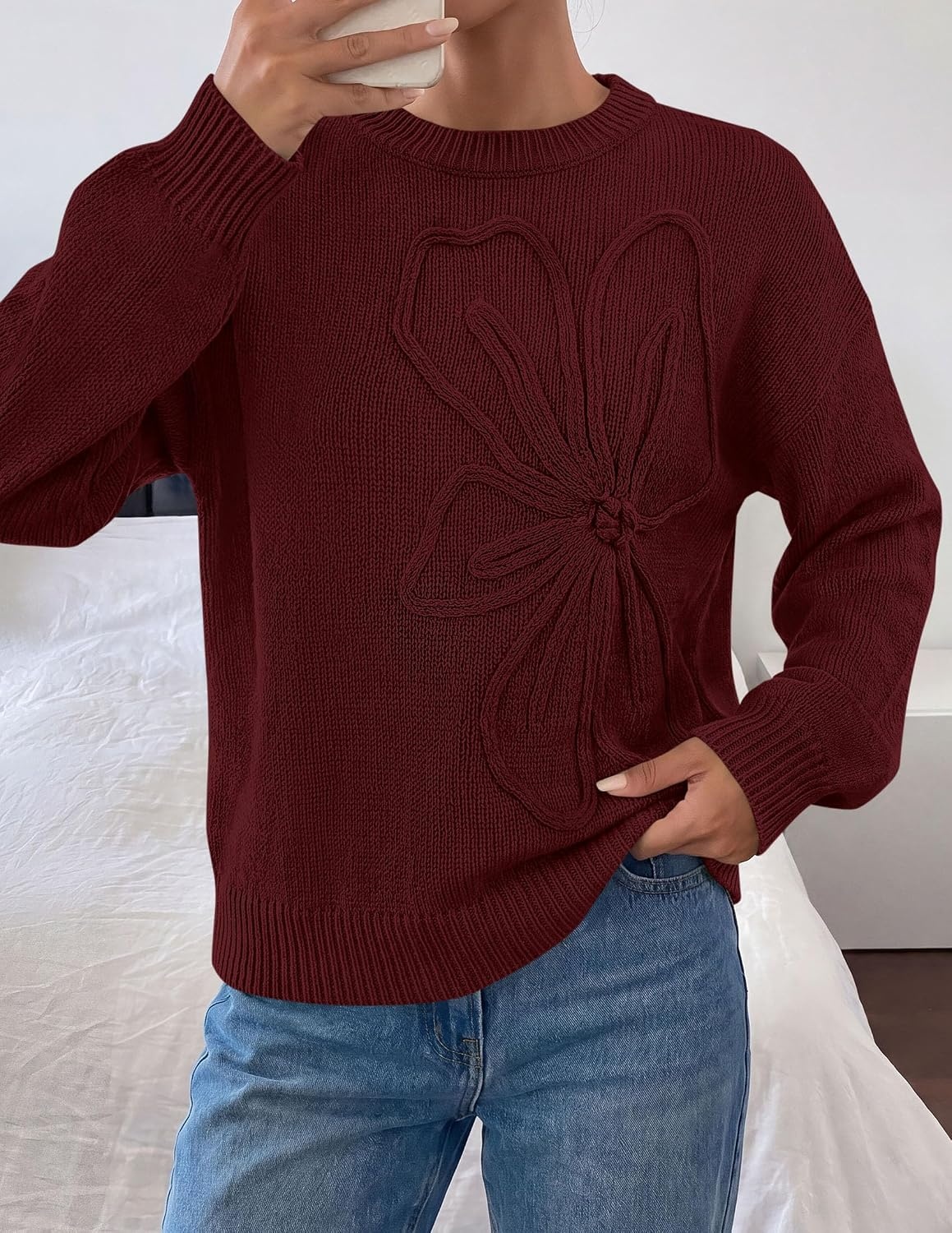 image:imagePRETTYGARDEN Womens Oversized 3D Floral Knit SweaterDark Brown