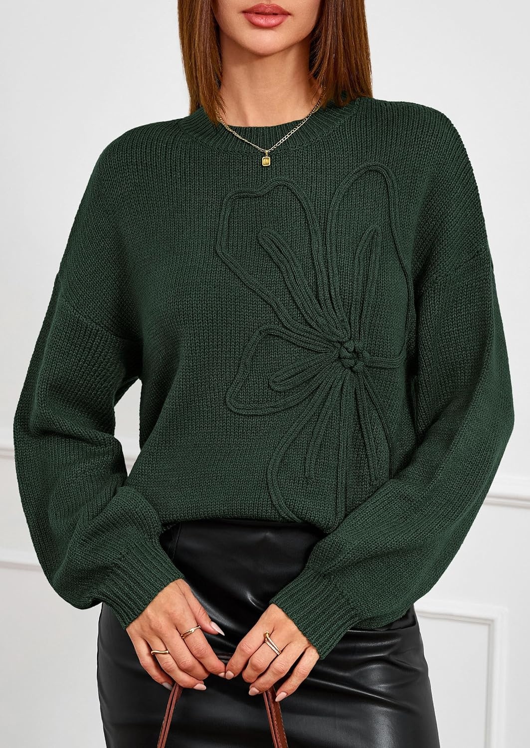 image:imagePRETTYGARDEN Womens Oversized 3D Floral Knit SweaterDark Green