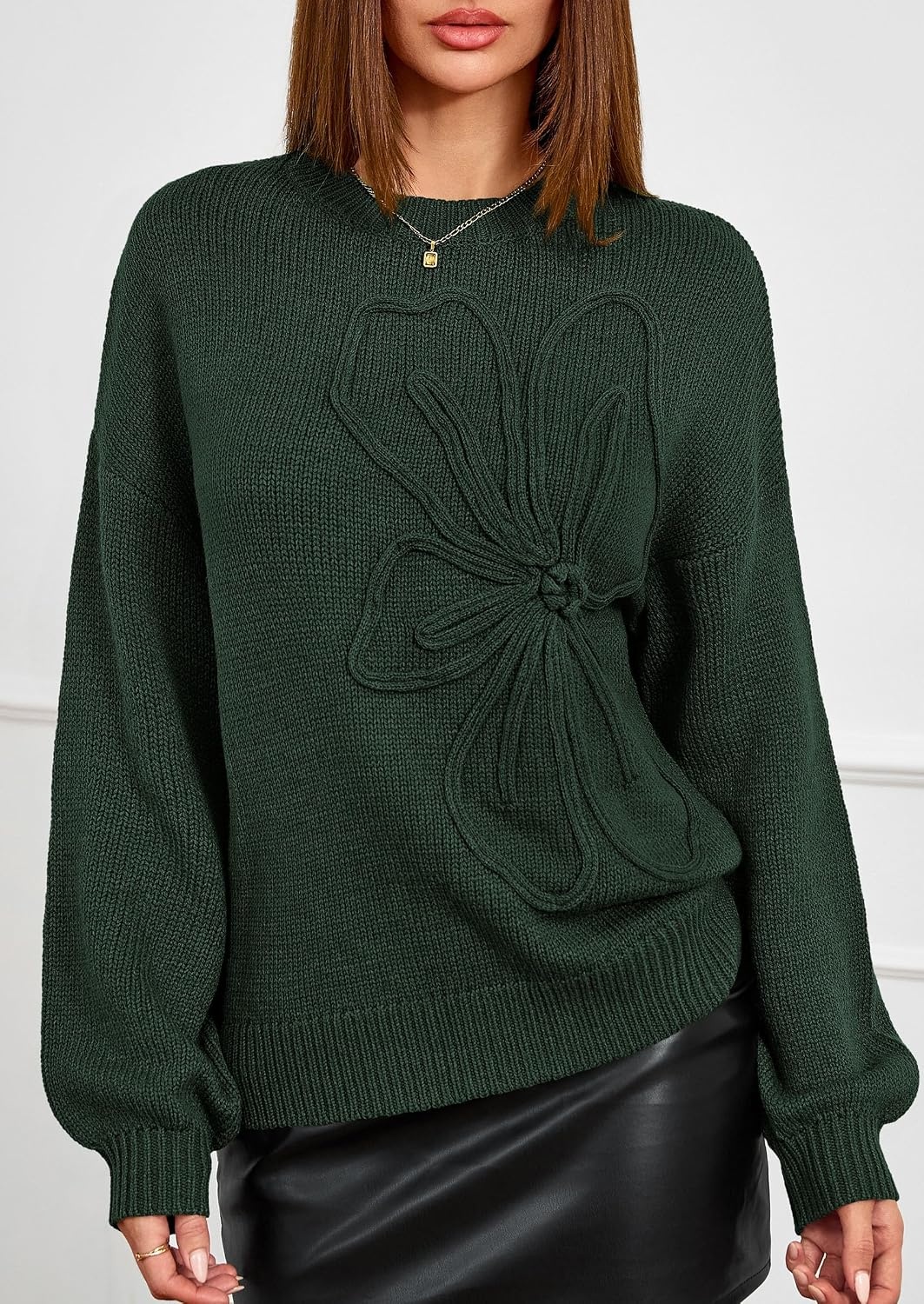 image:imagePRETTYGARDEN Womens Oversized 3D Floral Knit SweaterDark Green