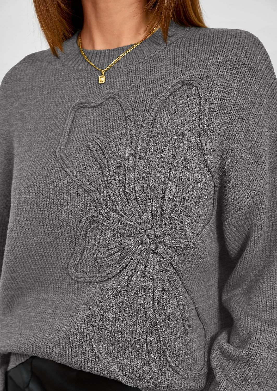 image:imagePRETTYGARDEN Womens Oversized 3D Floral Knit SweaterDark Grey