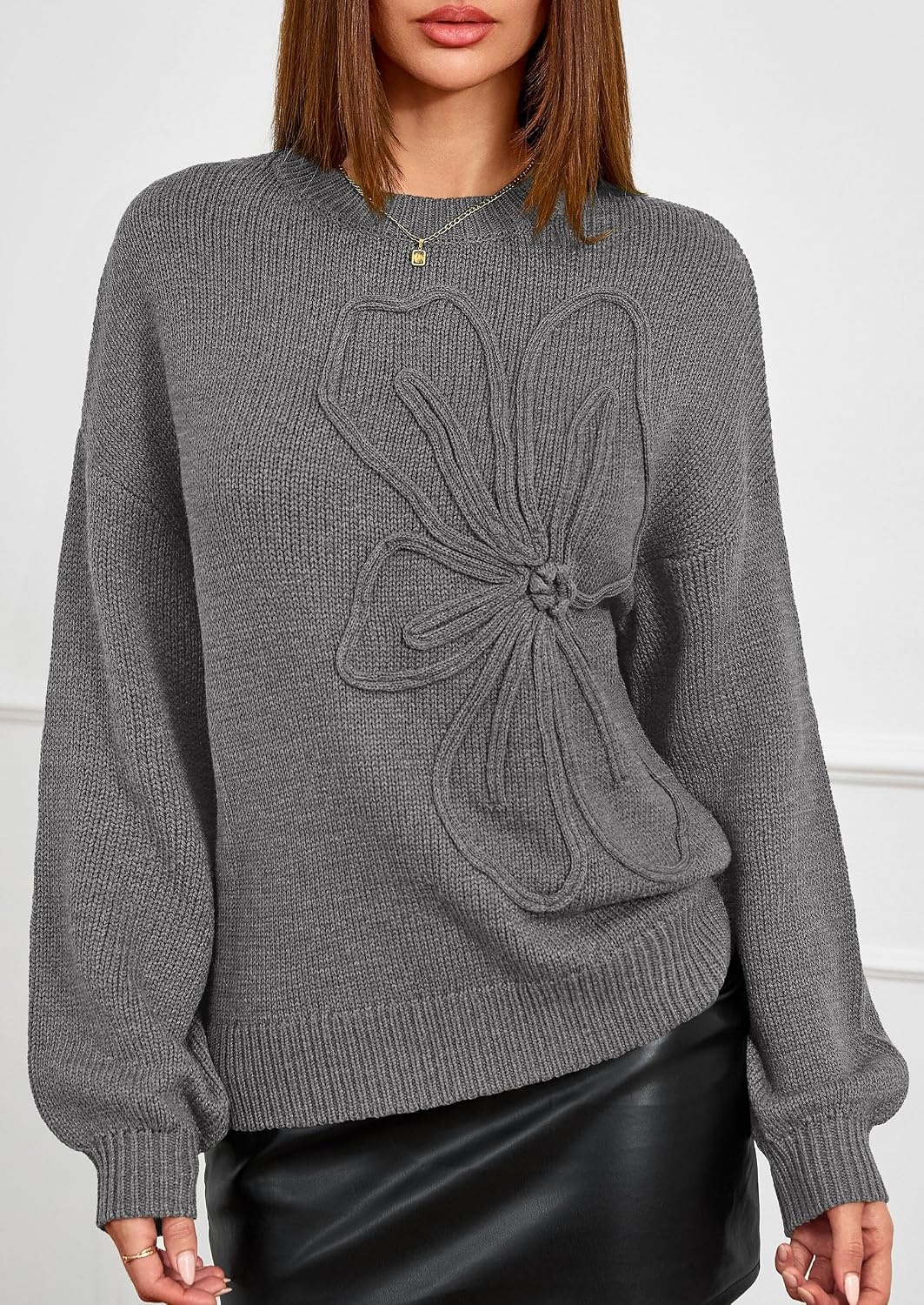 image:imagePRETTYGARDEN Womens Oversized 3D Floral Knit SweaterDark Grey