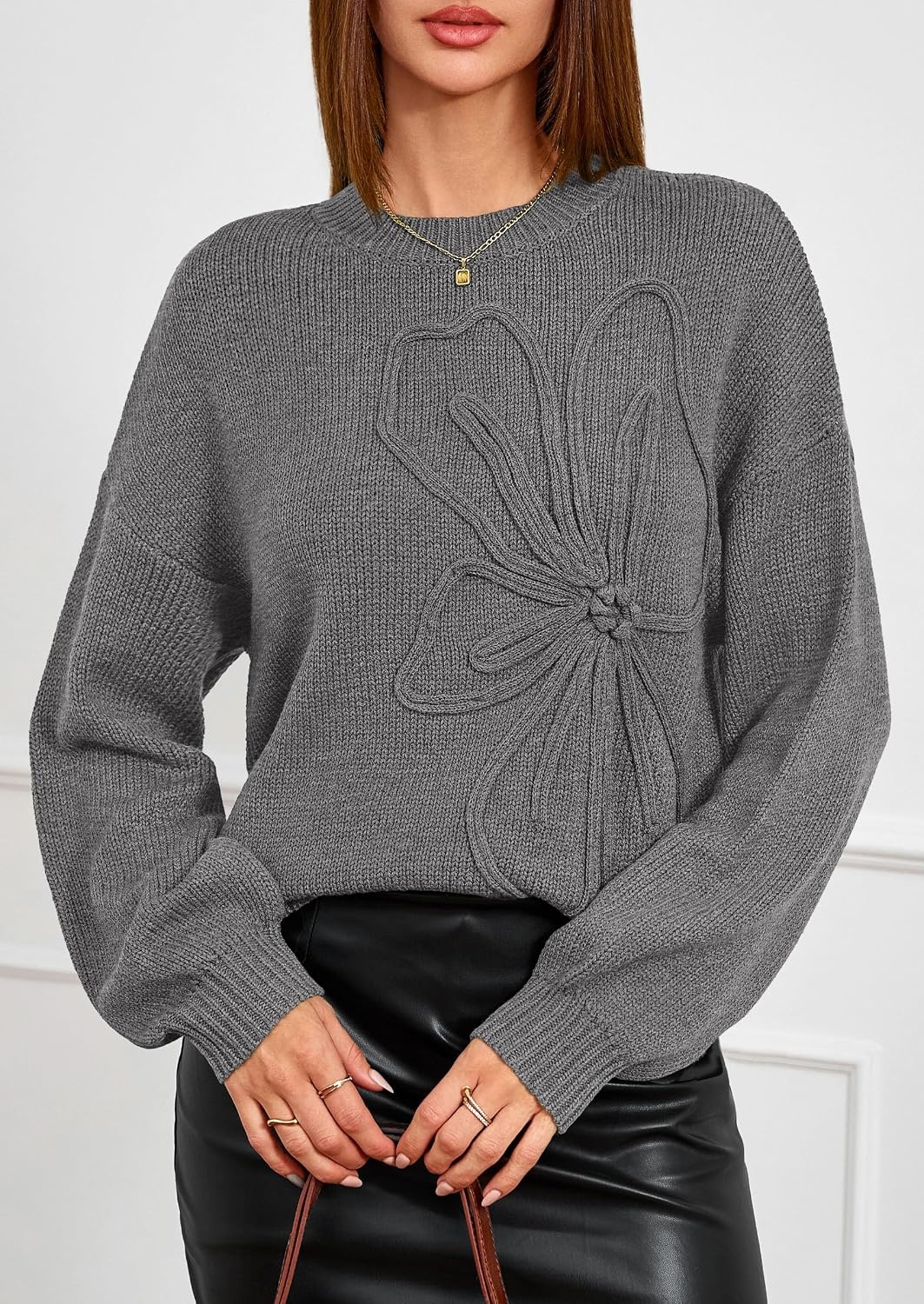 image:imagePRETTYGARDEN Womens Oversized 3D Floral Knit SweaterDark Grey