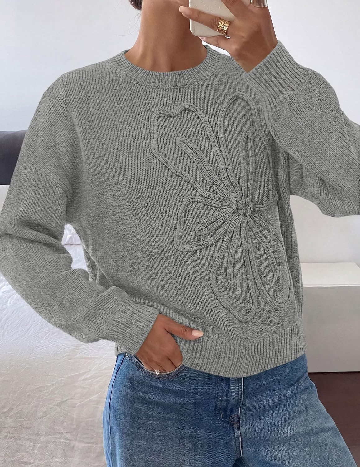 image:imagePRETTYGARDEN Womens Oversized 3D Floral Knit SweaterGrey