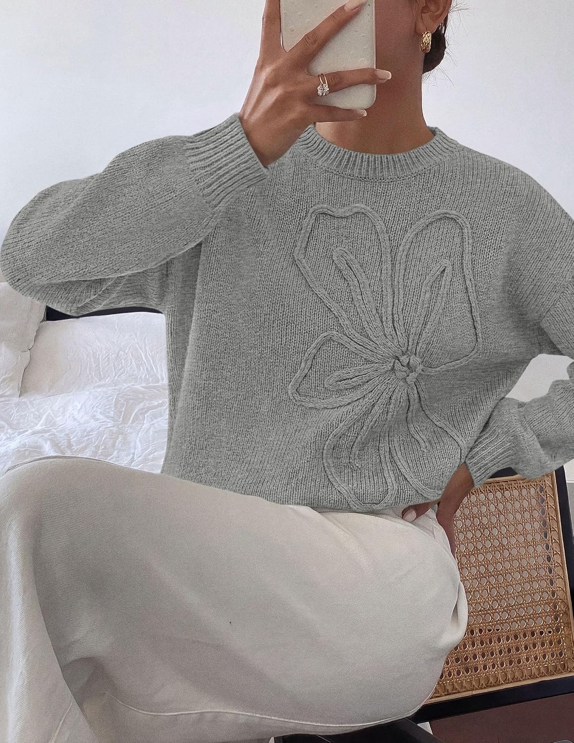 image:imagePRETTYGARDEN Womens Oversized 3D Floral Knit SweaterGrey