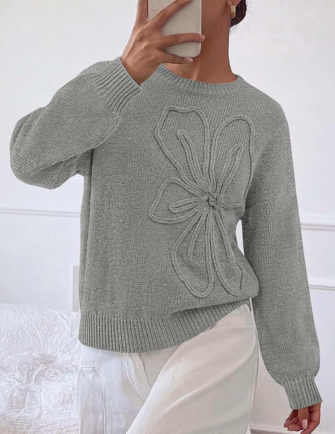 image:imagePRETTYGARDEN Womens Oversized 3D Floral Knit SweaterGrey