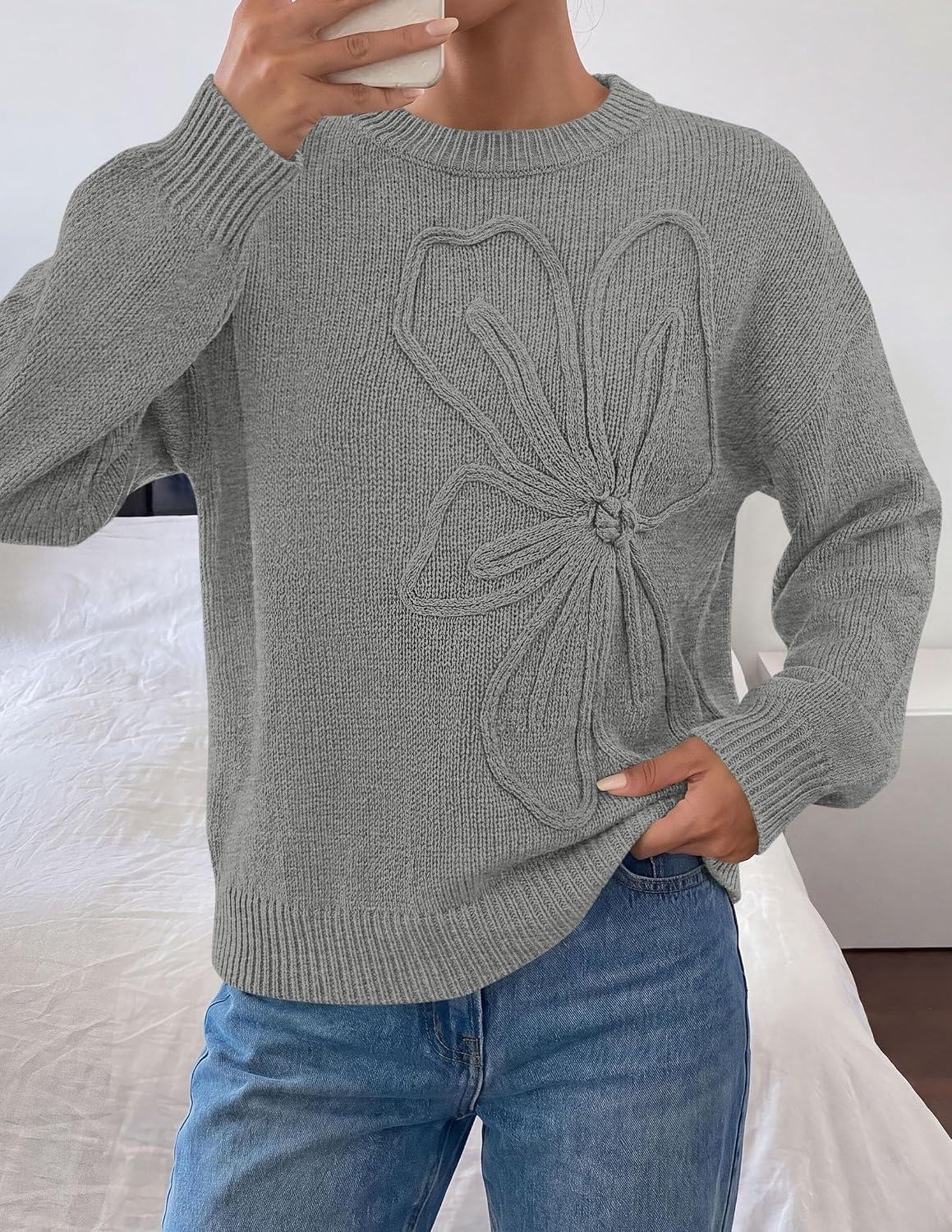 image:imagePRETTYGARDEN Womens Oversized 3D Floral Knit SweaterGrey