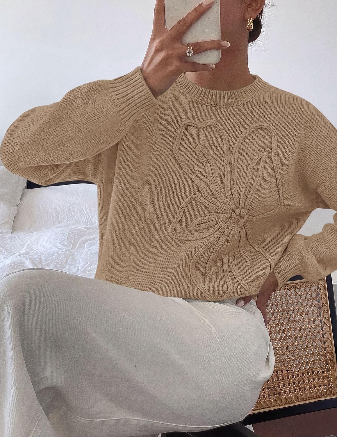 image:imagePRETTYGARDEN Womens Oversized 3D Floral Knit SweaterGrey Khaki