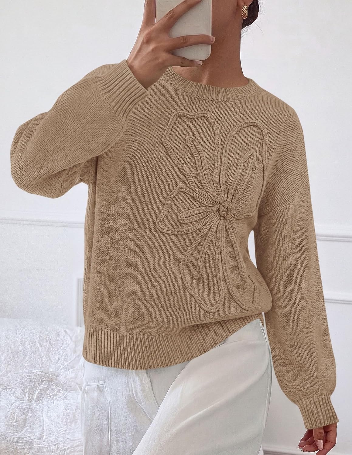 image:imagePRETTYGARDEN Womens Oversized 3D Floral Knit SweaterGrey Khaki