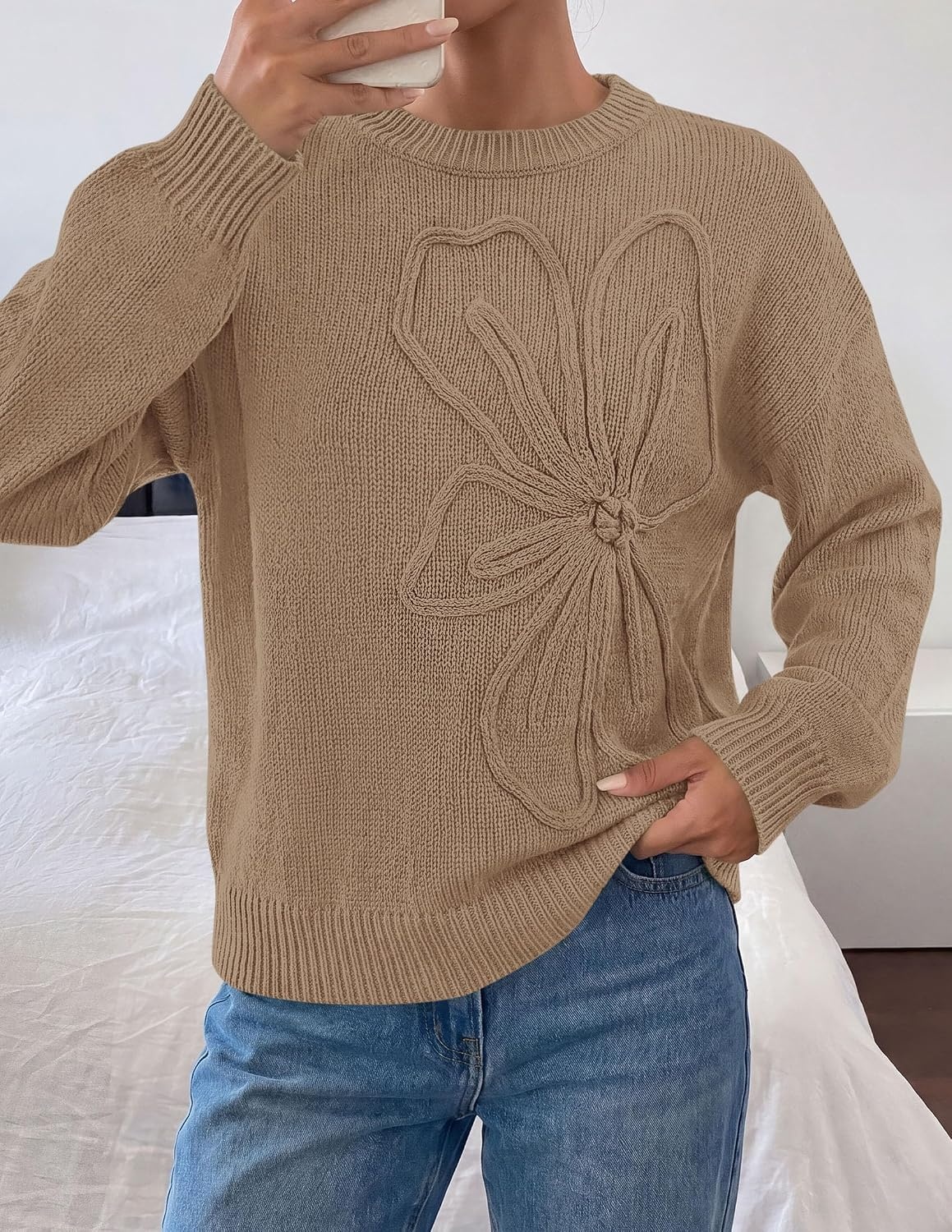 image:imagePRETTYGARDEN Womens Oversized 3D Floral Knit SweaterGrey Khaki
