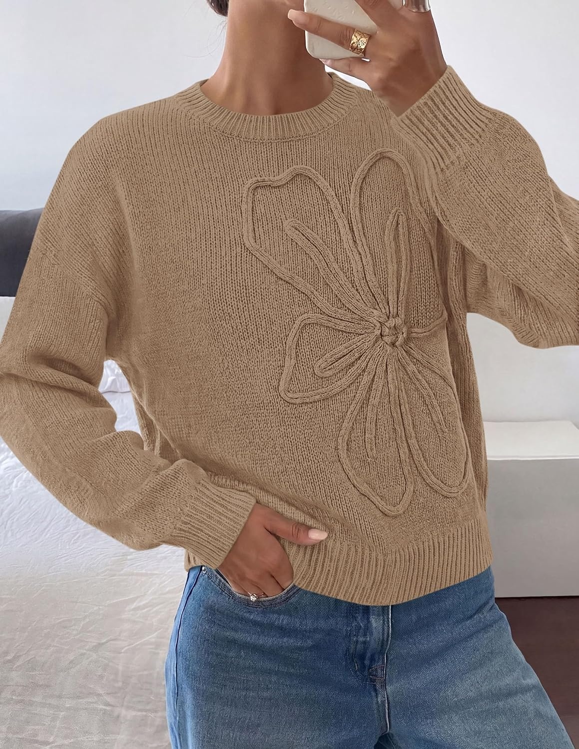 image:imagePRETTYGARDEN Womens Oversized 3D Floral Knit SweaterGrey Khaki
