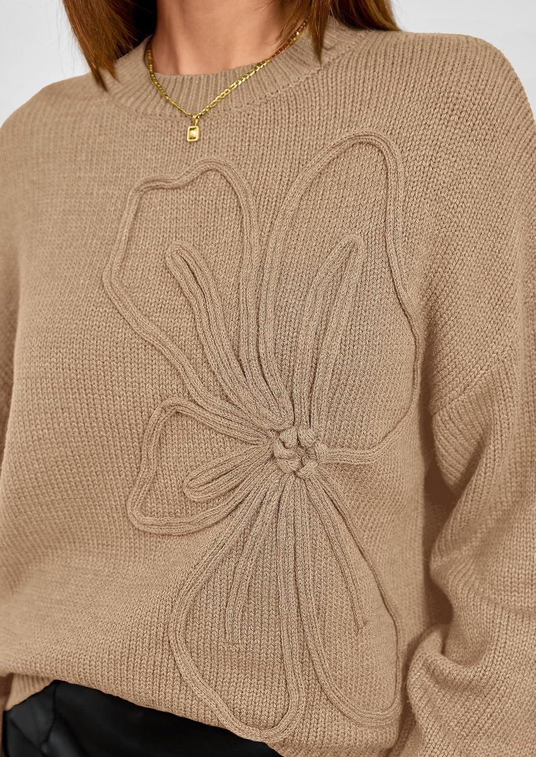 image:imagePRETTYGARDEN Womens Oversized 3D Floral Knit SweaterKhaki