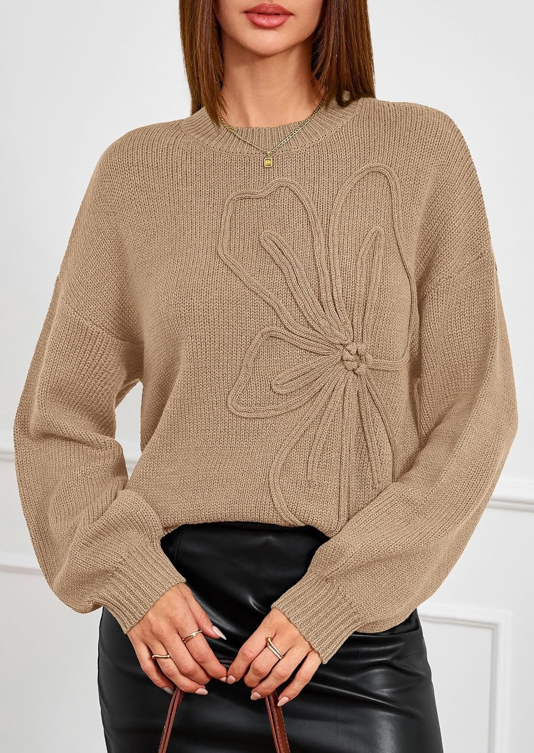 image:imagePRETTYGARDEN Womens Oversized 3D Floral Knit SweaterKhaki