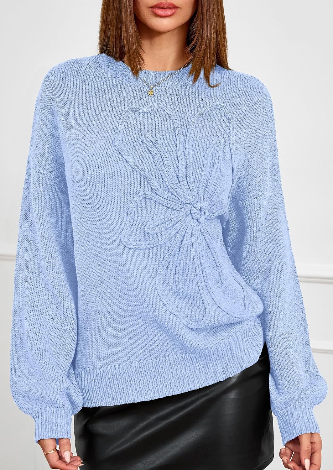 image:imagePRETTYGARDEN Womens Oversized 3D Floral Knit SweaterLight Blue